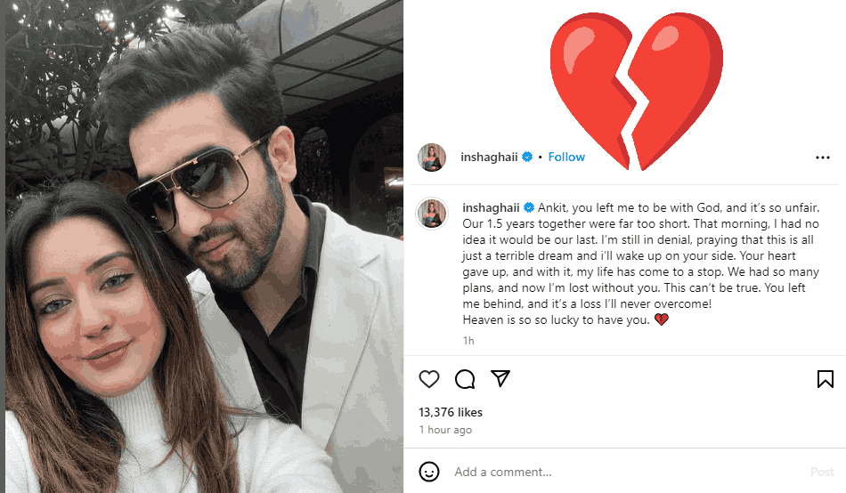 Ankit Kalra death,Insha Ghai Kalra husband,Influencer tragedy,Instagram couple loss,Ankit Kalra sudden death,Insha Ghai Kalra Instagram,unexpected death young influencer,ankit kalra