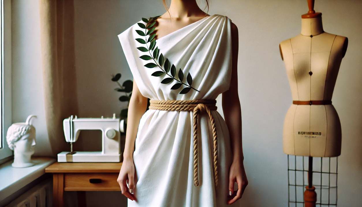 A-DIY-Greek-God-or-Goddess-Halloween-costume-featuring-a-person-wearing-a-toga-made-from-a-white-sheet-tied-with-a-belt-or-rope-with-a-laurel-wreath