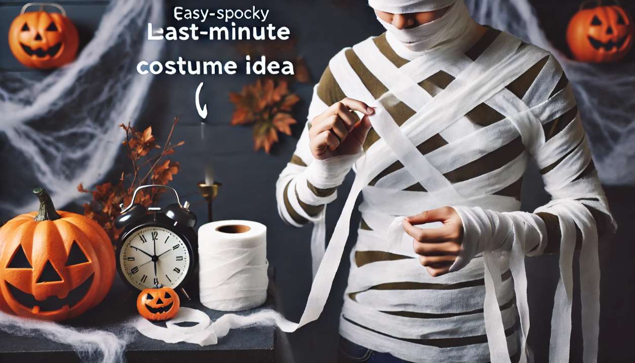 A-DIY-mummy-Halloween-costume-with-a-person-wrapped-in-strips-of-toilet-paper-or-fabric-capturing