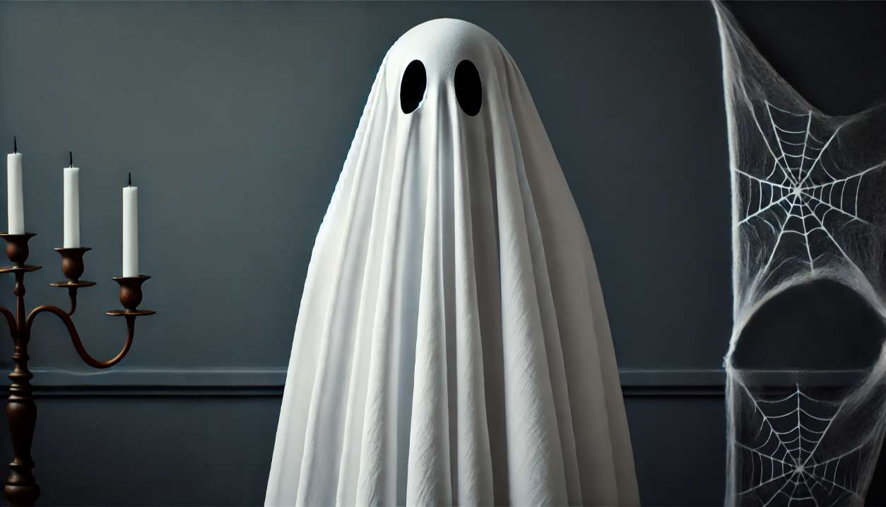 A-classic-Halloween-ghost-costume-made-from-a-white-sheet-with-cut-out-eye-holes