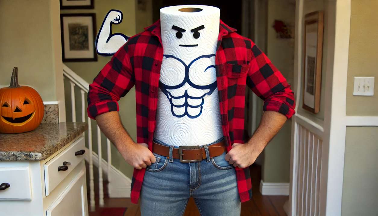 A-funny-DIY-Brawny-paper-towel-man_woman-Halloween-costume-featuring-a-person-wearing-a-red-flannel-shirt-jeans-and-holding-a-paper-towel-roll