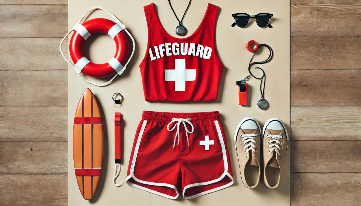 A-simple-DIY-lifeguard-Halloween-costume-featuring-a-person-wearing-a-red-tank-top-shorts-and-a-whistle-with-sunglasses