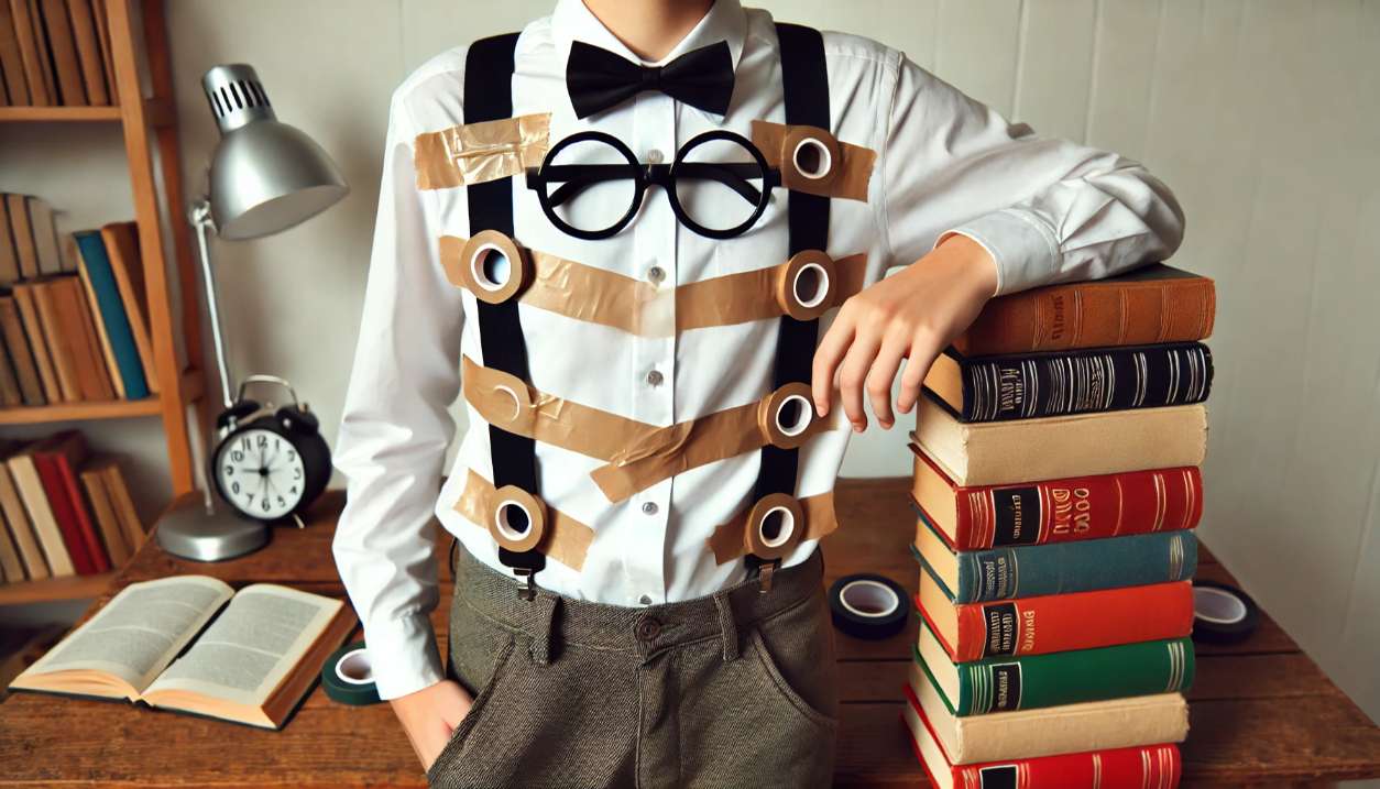  A-simple-DIY-nerd-Halloween-costume-featuring-a-person-wearing-glasses-with-tape-suspenders-and-a-button-up-shirt-tucked-into-high-waisted-pants